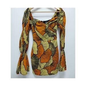 OFUURE Floral Long Sleeve Dress Orange Cotton Square Neck Short Women Size XS